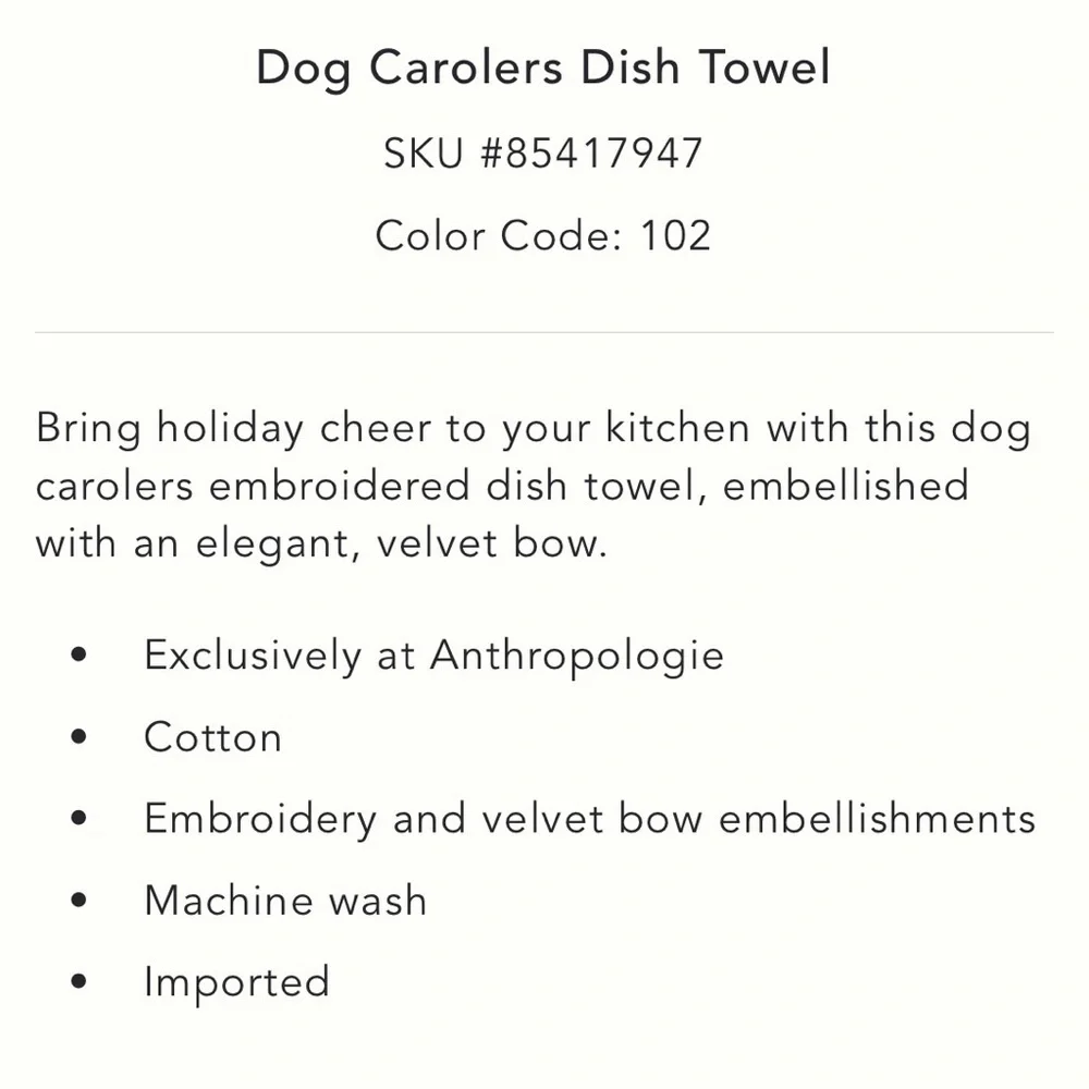 Anthropologie Dog Carolers Dish Towel NEW